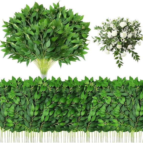 120 Pcs Artificial Italian Ruscus Greenery Stems 21.10 Inch Faux Silk Leaves for Wedding Bouquets Arch DIY Vase Filler Table Centerpieces