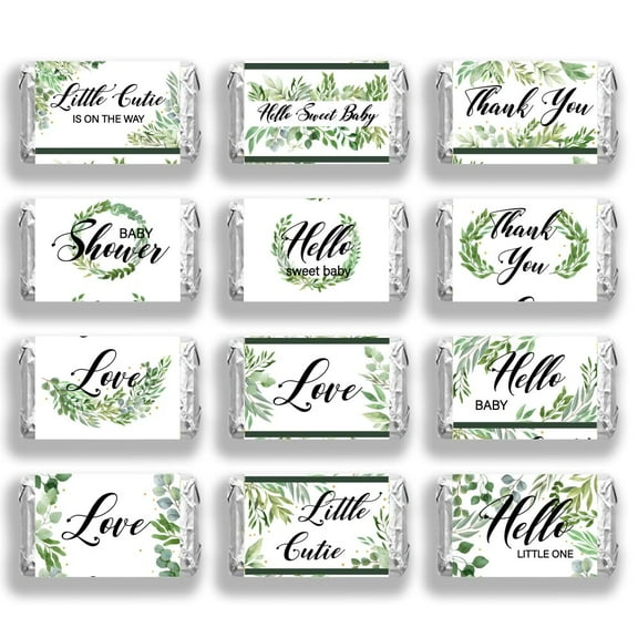 120 Pcs Babies Shower Candy Wrappers 1.4x2.6inch(3.5x6.6cm) 6 Styles Green Leaf Chocolate Bar Label Stickers Mini Candy Bar Wrappers for Birthday Party Decor(No Candy)
