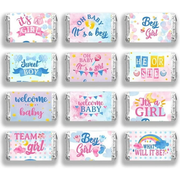 120 Pcs Baby Shower Candy Wrappers Boys Girls Mini Candy Bar Wrappers Gender Reveal Chocolate Bar Label Stickers for Birthday Party Baby Shower Decor (No Candy) 3.5x6.6cm 20sheets