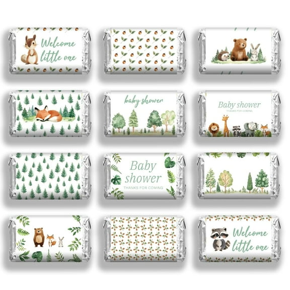 120 Pcs Baby Shower Candy Wrappers Woodland Animals Pattern Mini Candy Bar Sticker Welcome Chocolate Bar Label Sticker