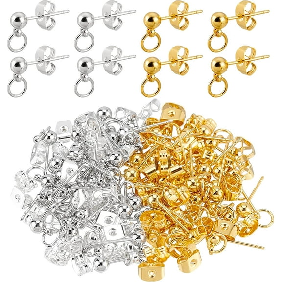 120 Pcs Ball Posts Earrings Stud Gold Sliver Round Ball Earring Post Brass Earrings with Loop for Jewelry Making DIY Earring Mixed Color