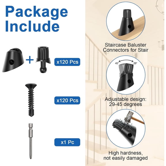 120 Pcs Baluster Connectors, 3/4" Stair Baluster Connector for 29-45 Degree Staircase, Adjustable Angle Baluster Connector for Aluminum Round Balusters with Screw for Deck Handrail Staircase, RC02
