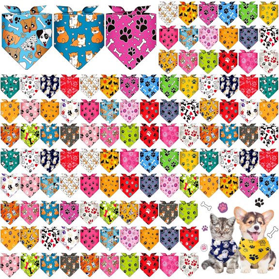 120 Pcs Bandanas for Dogs Bulk Dog Bone and Paw Print Pattern Triangle Bandanas for Groomers Washable Pet Scarves Adjustable Bibs for Small and Medium Pets, 30 Styles