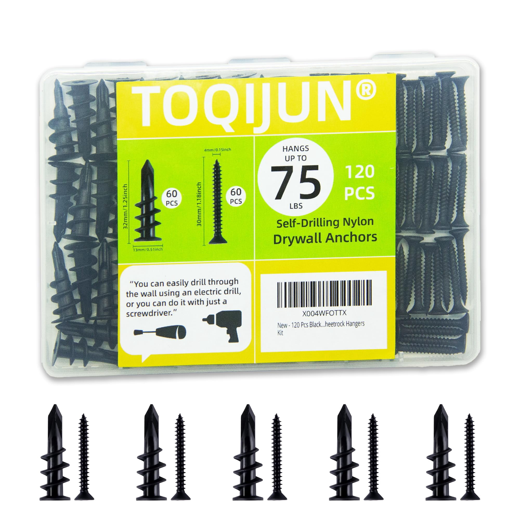 120 Pcs Black Self Drilling Drywall Anchors and Screws Kit,60 Dry Wall Anchors and 60 Flat Head Screws for Home Projects & Picture Hanging Kit,75LB Heavy Duty Wall Anchors No Pre Drill Required