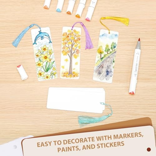 120 Pcs Blank Bookmarks to Decorate with 100 Colorful Tassels, Thick 350GSM Cardstock Bookmarks for DIY Crafts, Holiday Reading, Classroom Projects and Gift Tags, 5.5x2 Inch Bulk Set
