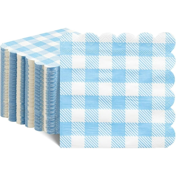 120 Pcs Blue Gingham Napkins, Disposable Blue Checkered Paper Napkins for Baby Shower, Picnic, Birthday, 5 x 5 Inches