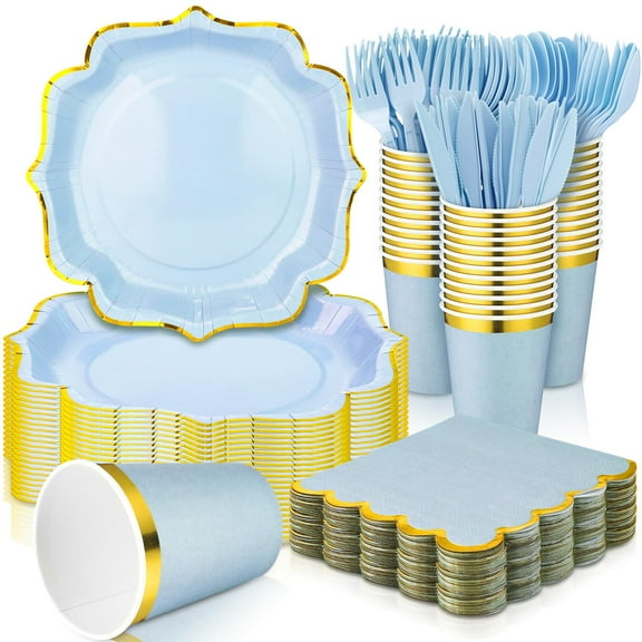120 Pcs Blue Plates Disposable - Blue and Gold Plates 30 Guest - Baby Shower Disposable Paper Party Supplies for Wedding Birthday Party