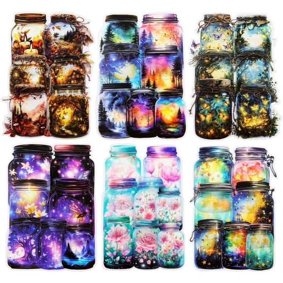 120 Pcs Bottle World PET Stickers, 60 Jar-Themed Designs with Butterflies, Flowers, Starry Sky and Forest Lights, Waterproof Decorative Stickers for Journaling, Scrapbooking and DIY Crafts