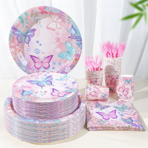 120 Pcs Butterfly Floral Theme Graduation Summer PARTY plate Napkins Supplies For 24 Guests