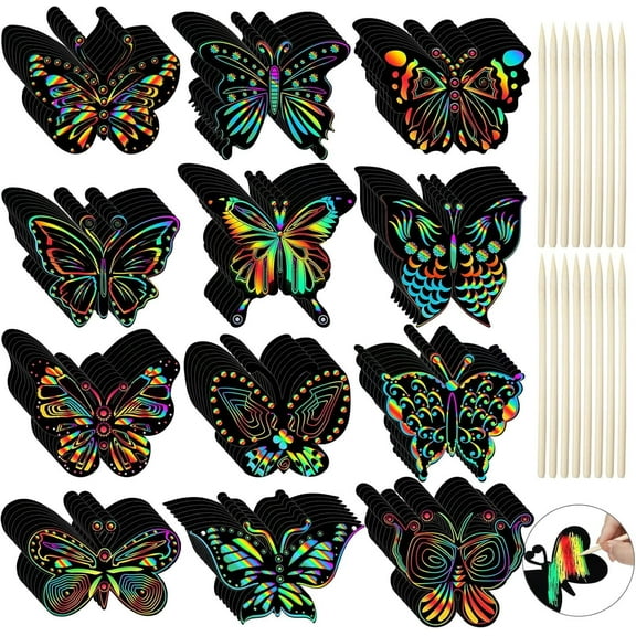 120 Pcs Butterfly Scratch Art for Kids, Rainbow Scratch Paper with 12 Wooden Stylus, Black Scratch Off Paper for Kids, Butterfly Crafts for Kids DIY Crafts, Scratch Art Party Favors,12 Styles