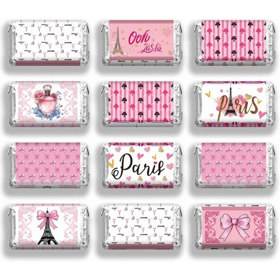 120 Pcs Candy Bar Wrappers Paris Style Candy Wrap Sticker Bulk Tower Pink Self Adhesive Candy Paper for Wedding Birthday Party Decoration Sticker Supplies Mixed Color