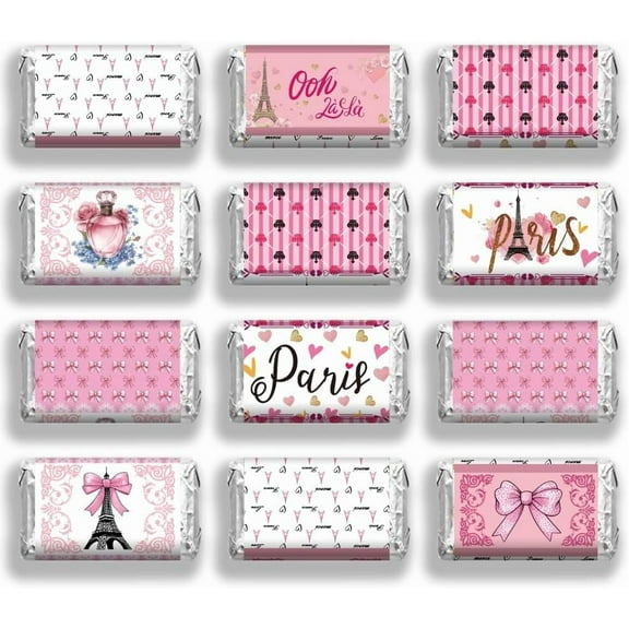 120 Pcs Candy Bar Wrappers Paris Style Candy Wrap Sticker Bulk Tower Pink Self Adhesive Candy Paper