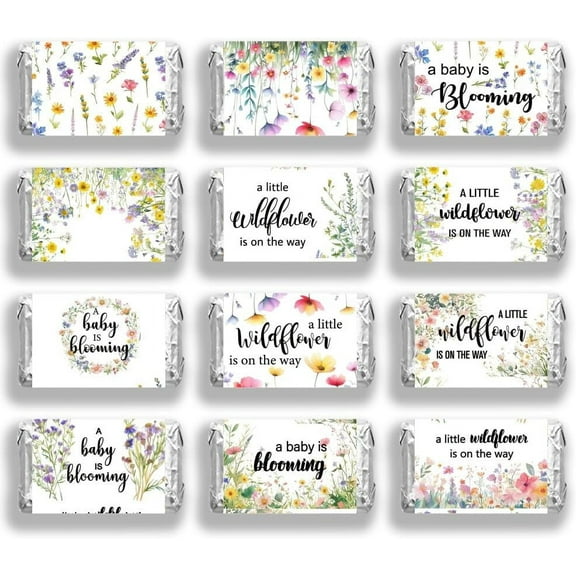 120 Pcs Candy Stick Wrappers Colorful Wildflower Pattern Candy Wrap Stickers Art Lettering Candy Wrap for Party Wedding Gift Decoration Sticker Supplies