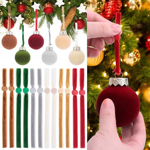 120 Pcs Christmas Velvet Ornament Strings - Adjustable Ornament Hooks Non Slip Hangers Hooks for Christmas Tree Decorations(Red, Green, Brown, Khaki, Grey, Beige)