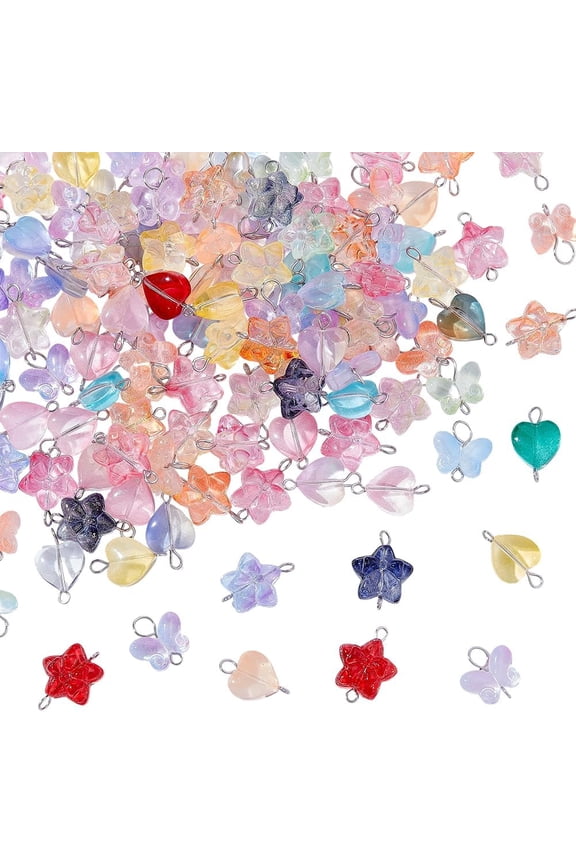 120 Pcs Clear Glass Star Heart Butterfly Connector Charm with Double Loop