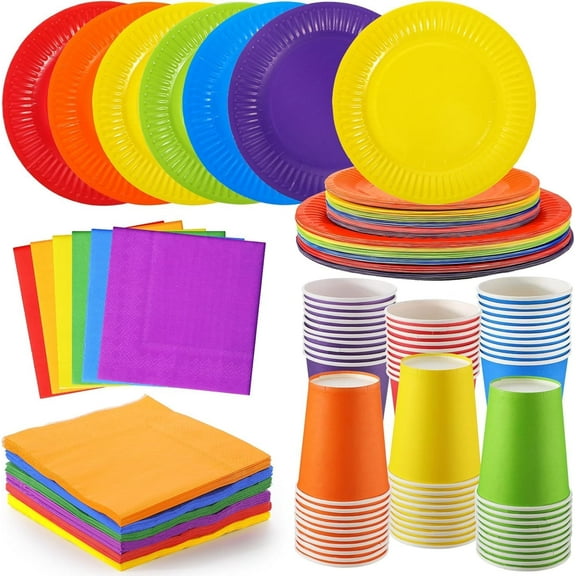120 Pcs Colourful Paper Party Tableware Set, Boriyuan Rainbow Party Supplies Include 7" & 9" Paper Plates and 9oz Cups Napkins for Birthday Wedding Party Decorations, Serve 30 Guests