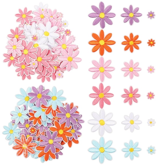 120 Pcs Daisy Flower Iron On Embroidered Patch Set for Clothing Repair and DIY Craft Bag,6 Color(3 Sizes for Each Color)