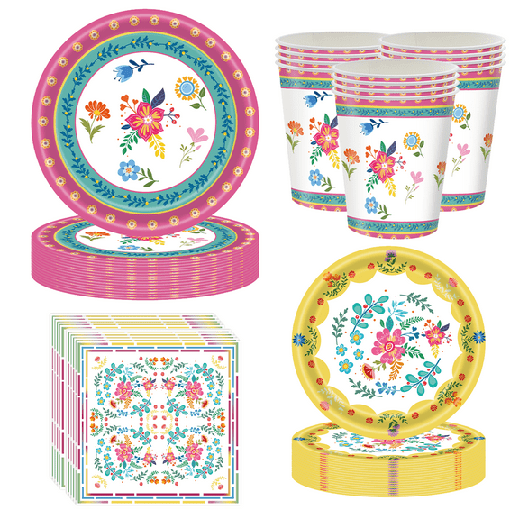 120 Pcs Disposable Tea Party Cups and Saucers Set, 30 Guests Floral Tea Party Supplies Include 9 oz Paper Tea Cups, 9 Inch Paper Plates, Saucers Napkins for Tea Party Birthday Wedding
