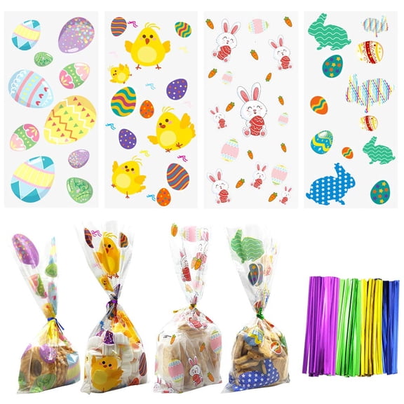 120 Pcs Easter Cellophane Bags 4 Assorted Styles Twist Tie Treat Goodies Bags