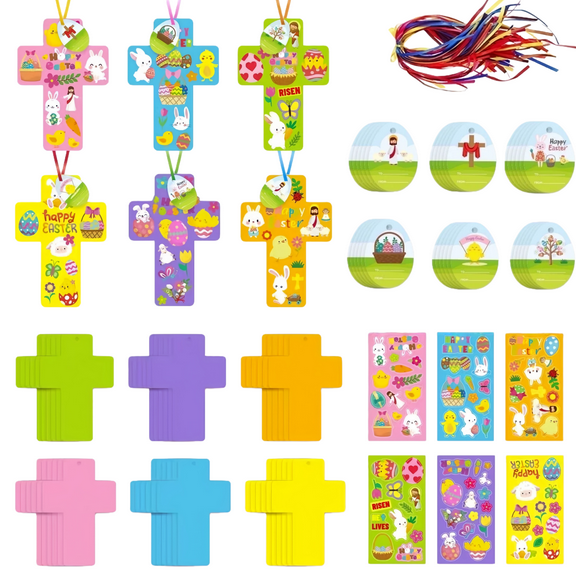 120 Pcs Easter DIY Craft Kit with Cross, Egg & Bunny Stickers – Handmade Easter Cards with Ribbons for Kids’ Crafts, School, Church & Home Decoration