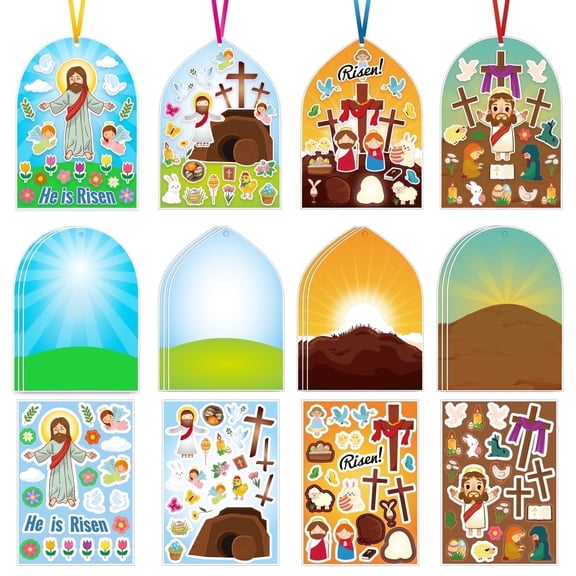Easter Resurrection Craft Kit for Kids, 36 PCS “He Is Risen” DIY Sticker Set with Background Cards & Ribbons – Religious Easter Activity for Sunday School, Church, and Christian Family Fun