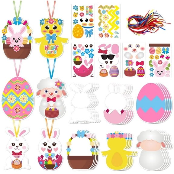 120 Pcs Easter DIY Craft Kit for Kids - Egg, Bunny, Cross, Scene Stickers & Decorations, Handmade Easter Cards with Ribbons for Childrens Easter Activities, Gifts, & Home Decoration