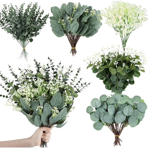 120 Pcs Eucalyptus Stems Artificial Flowers, 5 Kinds Mixed Faux Leaves Greenery Bulk for Wedding Bouquet, Table Centerpieces, Vase Floral Arrangements, Farmhouse Home Decor