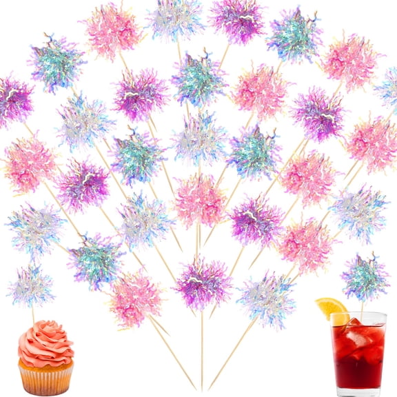 120 Pcs Firework Cupcake Toppers Foil Frill Toothpicks Cake Decorations Sparkle Tinsel Cupcake Toppers Cocktail Picks Firework Par Birthday Wedding Valentine Party Supplies, Multicolor