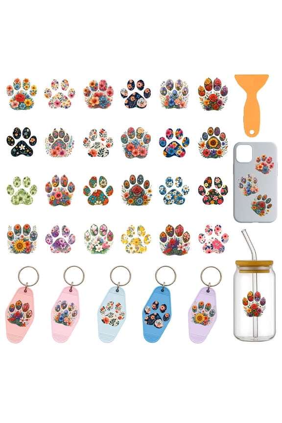 120 Pcs Floral Paw Motel Keychain Stickers 10 Sheets Multi-Colour Dog Paw UV DTF Transfer Stickers Waterproof Rub on Transfer Sticker
