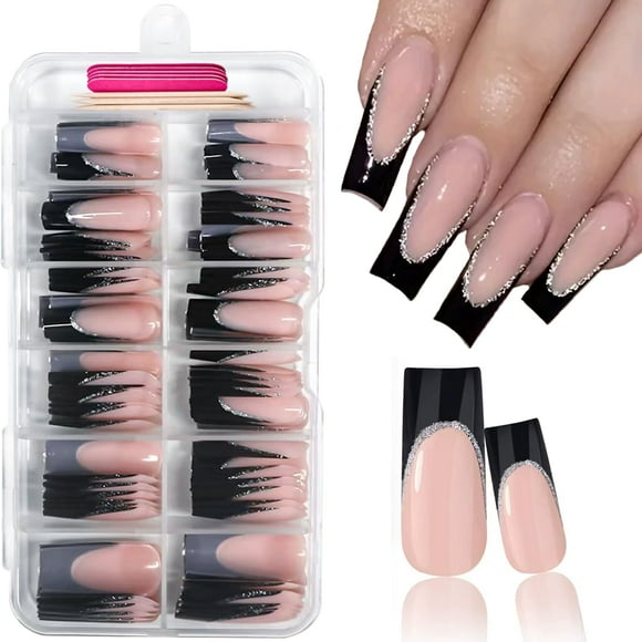 120 Pcs French Tip TMA2Press on Nails Long Nails Black Tip False Nails with Designs Silver Glitter Line Glossy Glue on Nails Reusable Full Cover Acrylic Nails Stick on Nails for Women Manicure