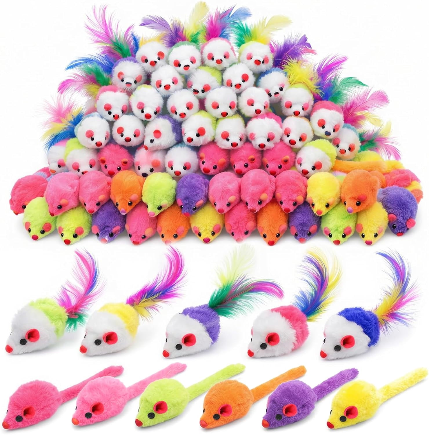 120 Pcs Fur Mice Cat Toys Furry Rattle Mouse Kitten Toy Assorted Interactive Cat Toys with Feather Tails for Indoor Cats Interactive Play Color Varies