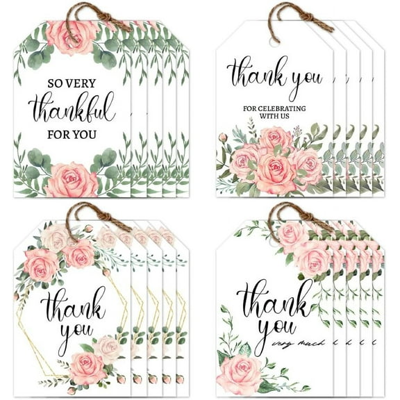 120 Pcs Gift Tags Rose Floral Thank You Present Tag with String 3x2in Paper Tags Present Labels for DIY