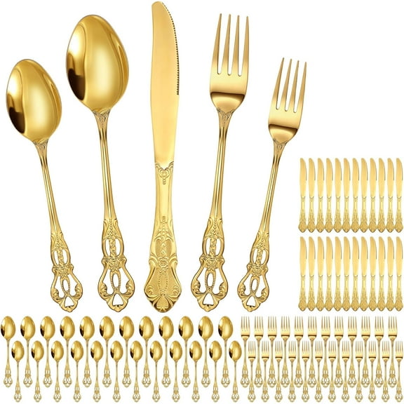 120 Pcs Gold Stainless Steel Flatware Set, Retro Vintage Silverware with Forks Spoons Knives Mirror Polished Cutlery Set for Valentine's Day Wedding Kitchen Home Restaurant