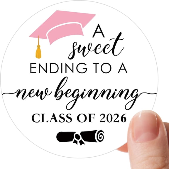 120 Pcs Graduation Stickers Class of 2026 Round Gift Tags Pink Graduation Party Favor Labels Invitation and Celebration Stickers Sweet Ending to a New Beginning (Pink)