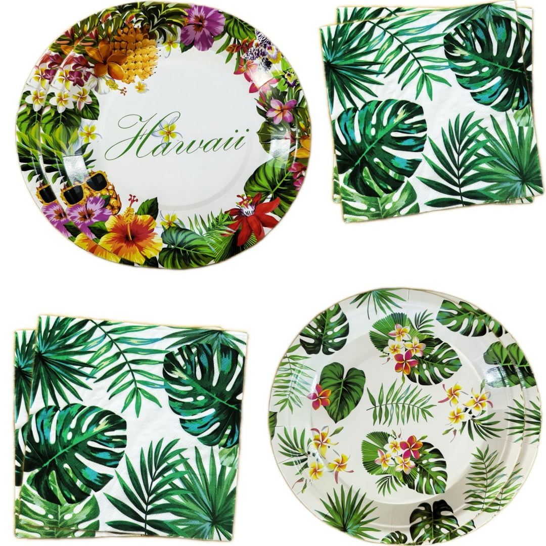120 Pcs Hawaiian Paper Napkins Plates Tropical Luau Party Supplies 9 Inch Disposable Plates and Party Napkins Tropical Palm Leaf and Aloha Summer Party Tableware Set, Serve for 40 Guests
