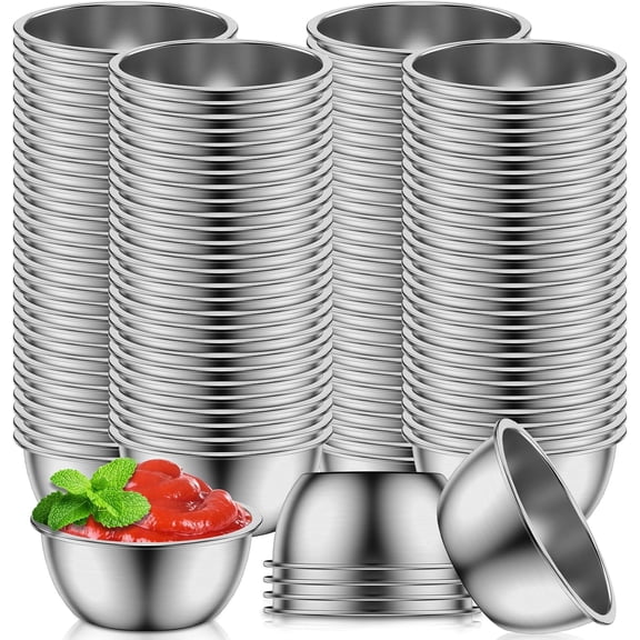 120 Pcs Metal Sauce Cups 1.8 oz Ramekins Reusable Stainless Steel Condiment Small Sauce Cups Round Metal Condiment Container Dipping Bowls for Kitchen Restaurant Serving Party Dinner Cooking