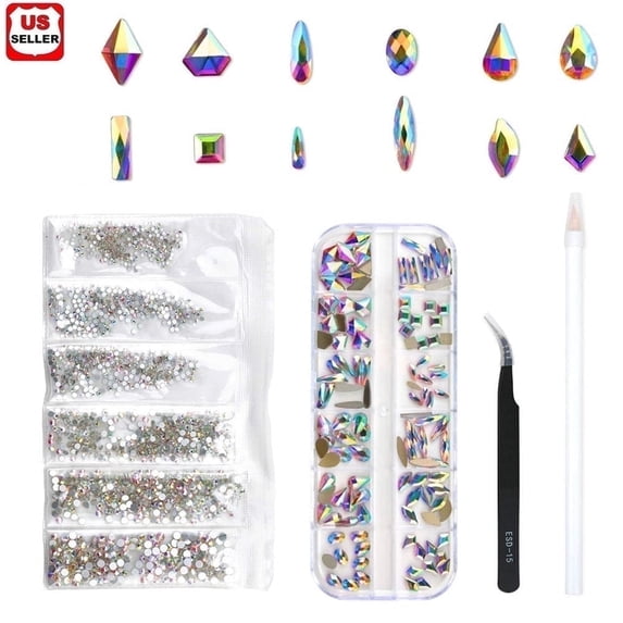 LINKPAL 120 Pcs Multi Shapes Glass Crystal AB Rhinestones For Nail Art Craft, Mix 12 Style FlatBack Crystals 3D Decorations Flat Back Stones Gems Set (120 pcs Crystals+1728 pcs rhinestones) 120 pc