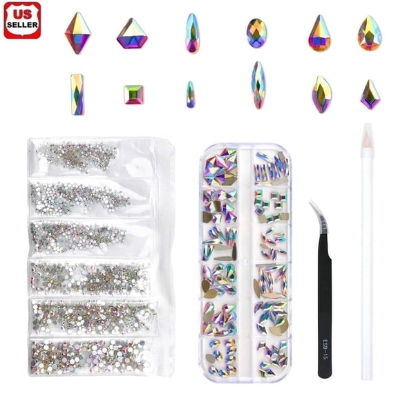 LINKPAL 120 Pcs Multi Shapes Glass Crystal AB Rhinestones For Nail Art Craft, Mix 12 Style FlatBack Crystals 3D Decorations Flat Back Stones Gems Set (120 pcs Crystals+1728 pcs rhinestones) 120 pc