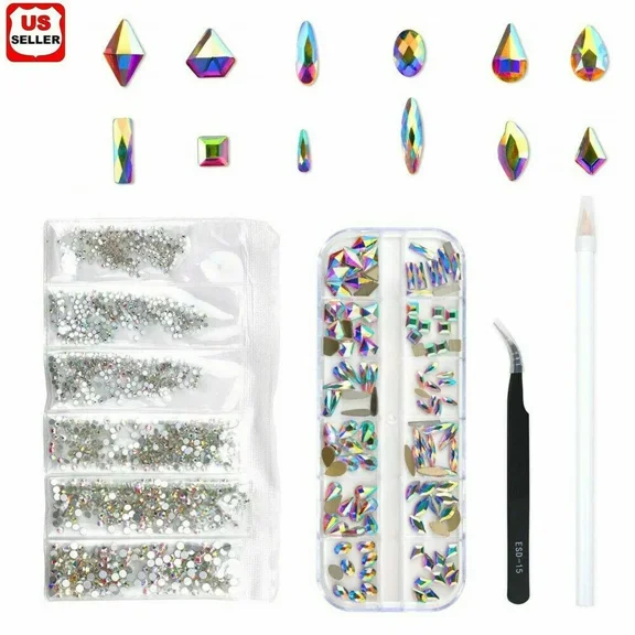 120 Pcs Multi Shapes Glass Crystal AB Rhinestones For Nail Art Craft, Mix 12 Style FlatBack Crystals 3D Decorations Flat Back Stones Gems Set (120 pcs Crystals+1728 pcs rhinestones) 120 pc