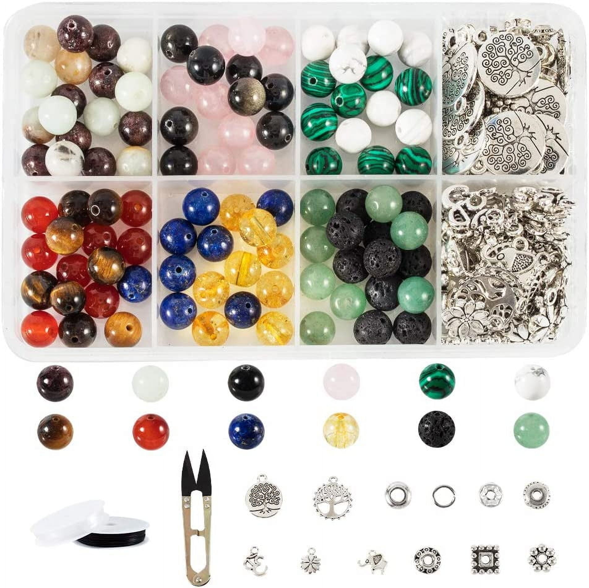 120 Pcs Natural Gemstone/Lava Beads 60 Pcs Alloy Spacer Beads 50 Pcs Tibetan Style Alloy Pendants 50 Pcs Jump Rings 2 Rolls Elastic Strings and 1 Pc Steel Scissor for Jewelry Making Mixed Color