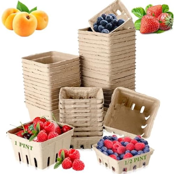 120 Pcs Natural Pulp Fiber Berry Basket Produce Vented 60 Middle Berry Picking Basket and 60 Pcs Small Container Holder Paper Box for Fruits Vegetable Farmer Market Grocery, 2 Size