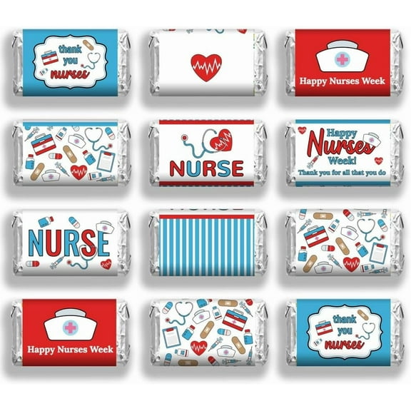 120 Pcs Nurse Theme Candy Wrapping Paper Nurse Hat Syringe Stethoscope Patterns Mini Candy Bar Wrapper Medical Tools Chocolates Bar Label Stickers for Nurse Graduation Party Colorful