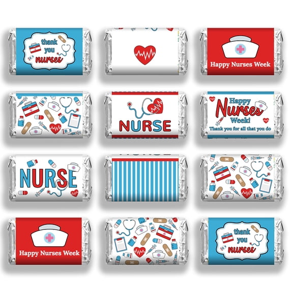 120 Pcs Nurse Theme Candy Wrapping Paper Nurse Hat Syringe Stethoscope Patterns Mini Candy Bar Wrapper Medical Tools Chocolates Bar Label Stickers