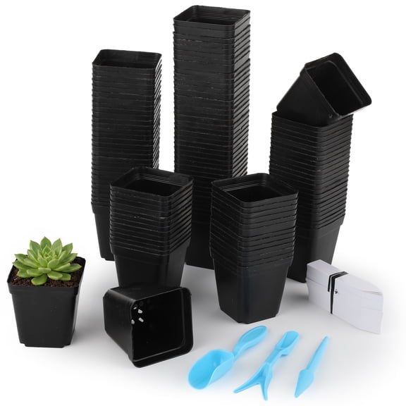 120 Pcs Nursery Pots with 100 Labels and 3 Tools, 2.8 x 2 x 2.8 in Plastic Square Flower Pot, Seed Starting Pots with Drainage Holes, Succulent Planter for Garden Office Balcony Indoor Outdoor Plant