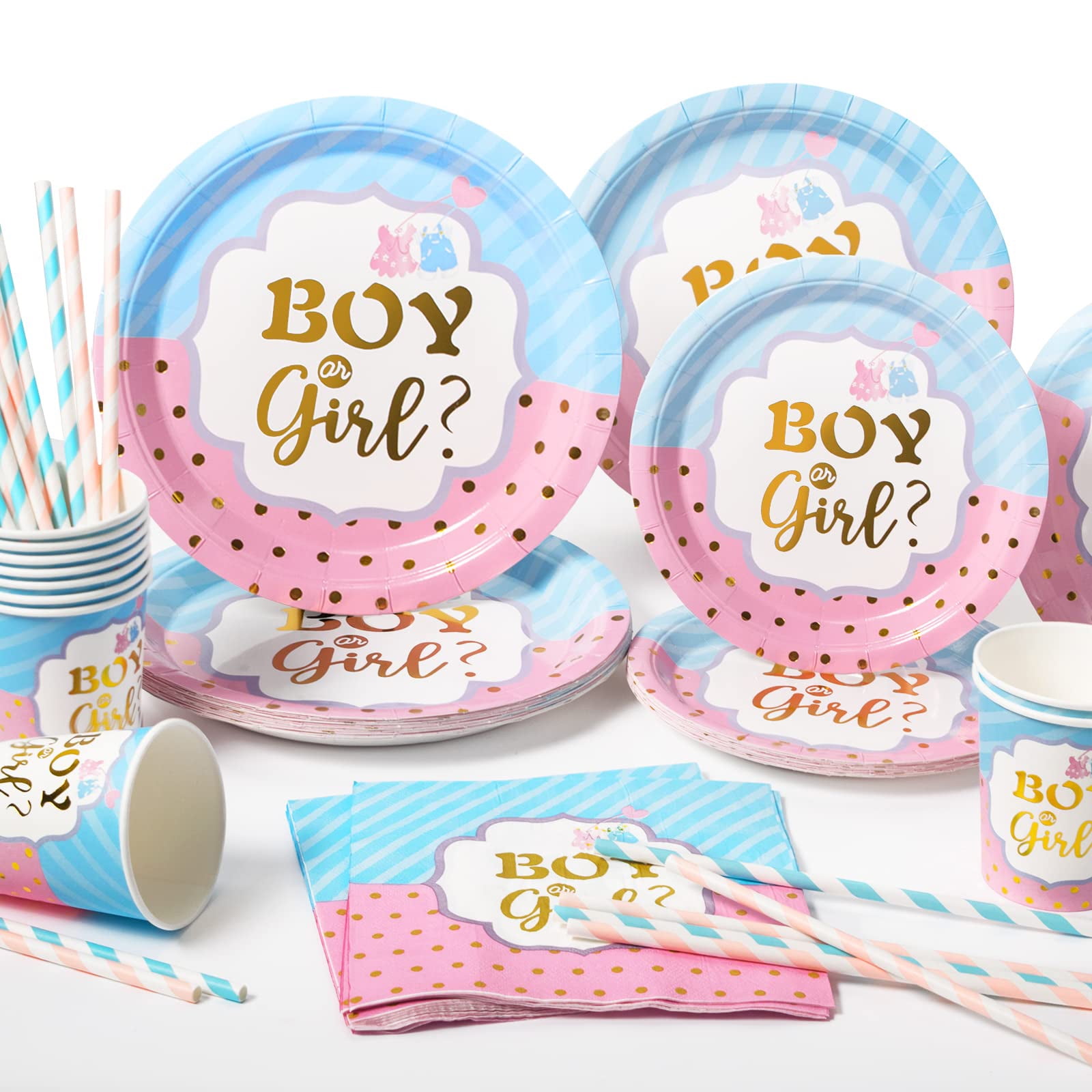 120 Pcs Party Plates, Gender Reveal Paper Plates and Cups and Napkins Sets, Boy or Girl Gender Reveal Party Supplies Disposable Tableware Sets