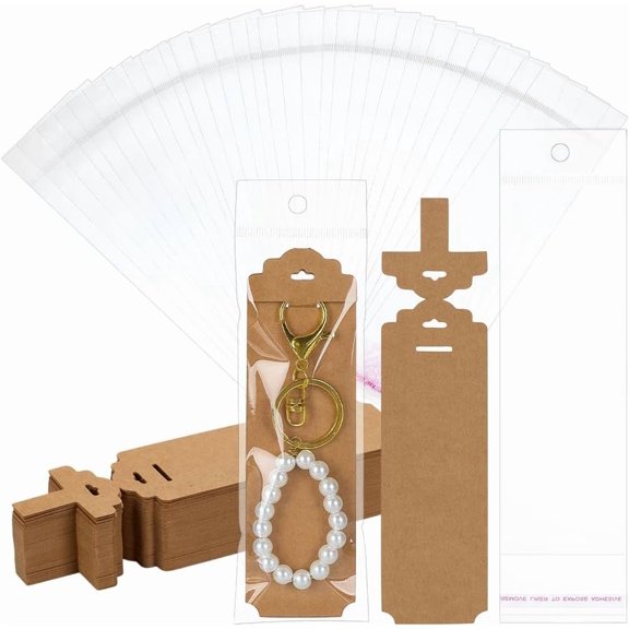 120 Pcs Peru Color Keychain Display Card with Self-Sealing Bags 7.9x1.8Inch Rectangle Blank Kraft Paper Keychain Hanging Cards for DIY