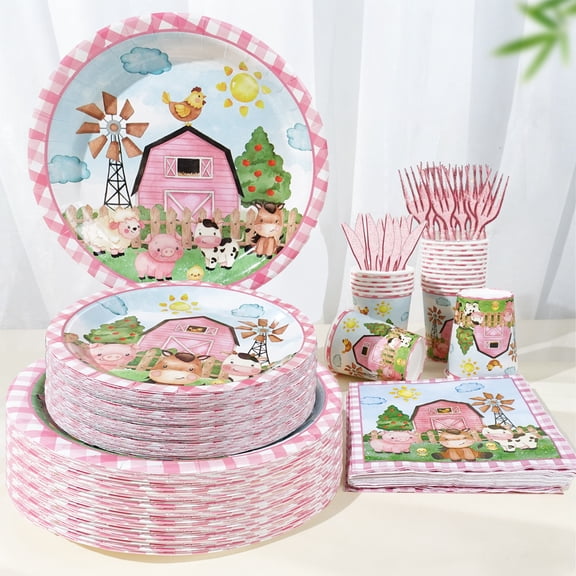 120 Pcs Pink Farm Barn Animals Theme Birthday Summer Picnic PARTY plate Napkins For 20 Guests