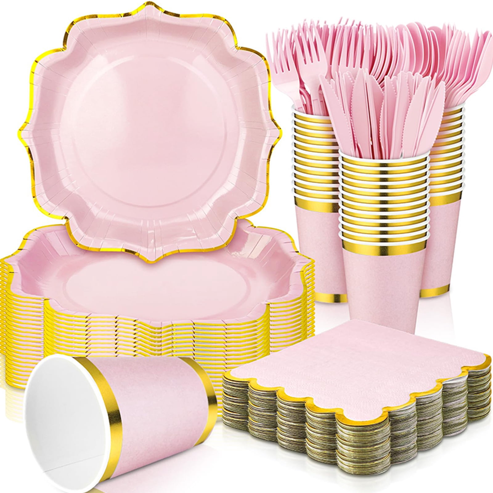120 Pcs Pink Plates Disposable - Pink and Gold Plates 30 Guest - Baby Shower Disposable Paper Party Supplies for Wedding Birthday Party