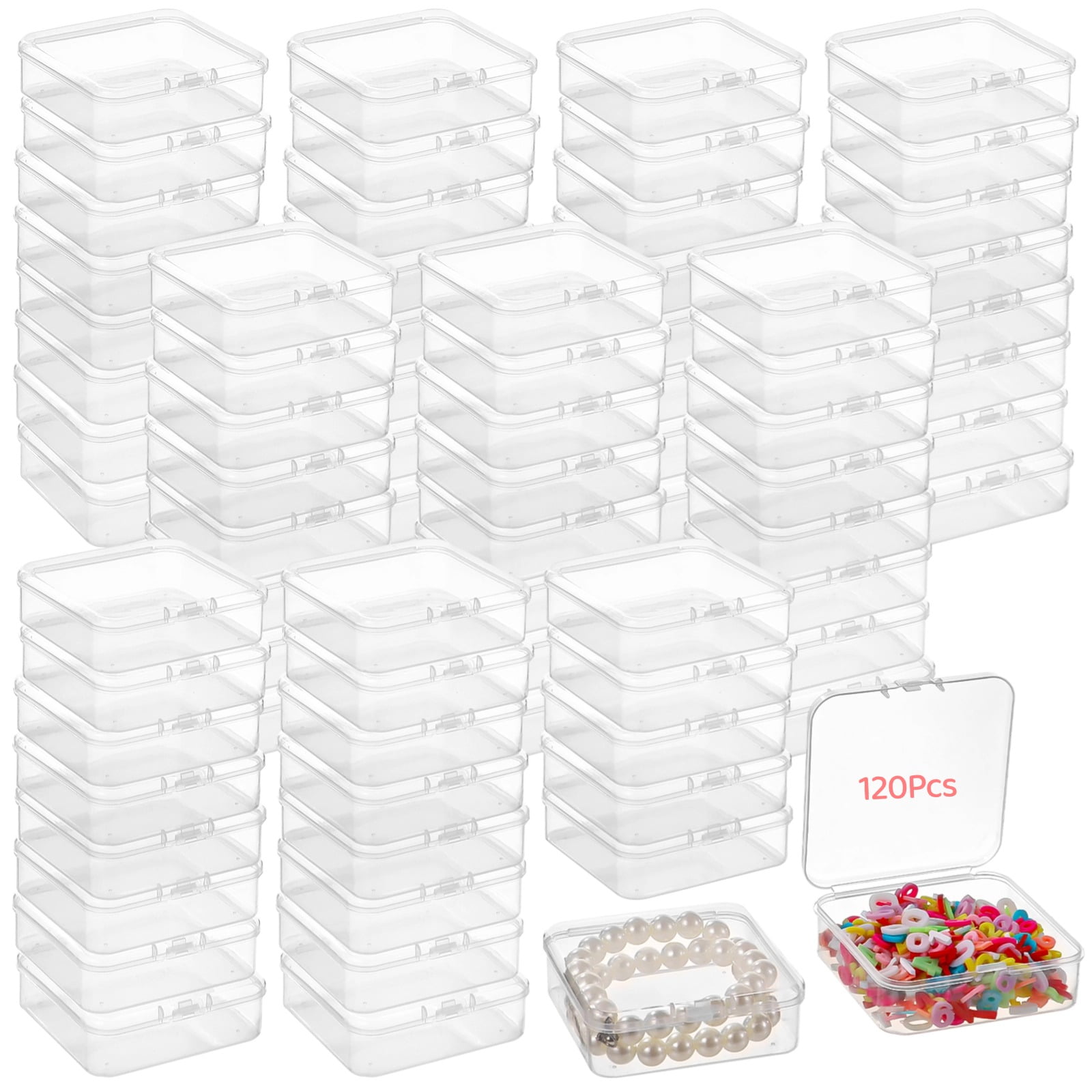 120 Pcs Plastic Bead Storage Containers, 3×3×1" Small Storage Boxes, Clear Square Containers with Hinged Lids, Mini Organizer Cases for Jewelry, Crafts, Small Items, Parts