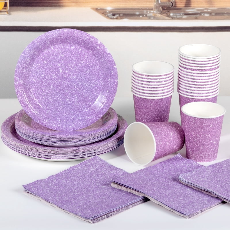 120 Pcs Purple Plates and Napkins Party Supplies, Disposable Paper Tableware Decorations Birthday Table Dinnerware Favors Set